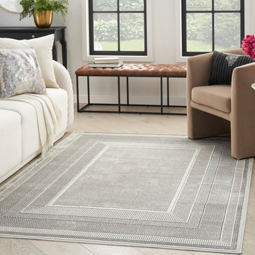 Glitz GLZ07 Modern Abstract Geometric Border Distressed Metallic Shimmer Hi-Low Textured Soft-Touch Polyester Low Profile Short-Pile Silver Rug-Nourison-Rug Love - The Most Loved Rug Store